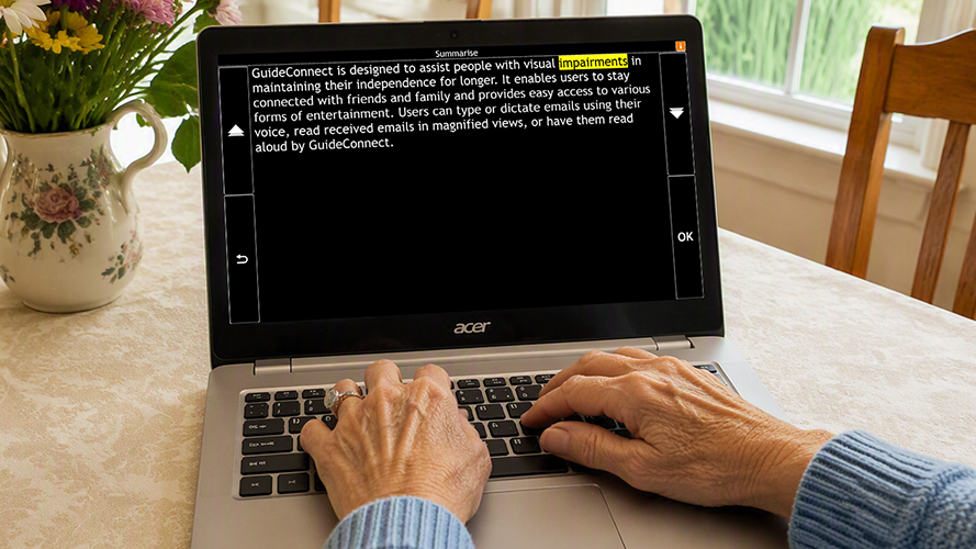 Reading Assistant displayed on a laptop screen, summarising some text about GuideConnect.